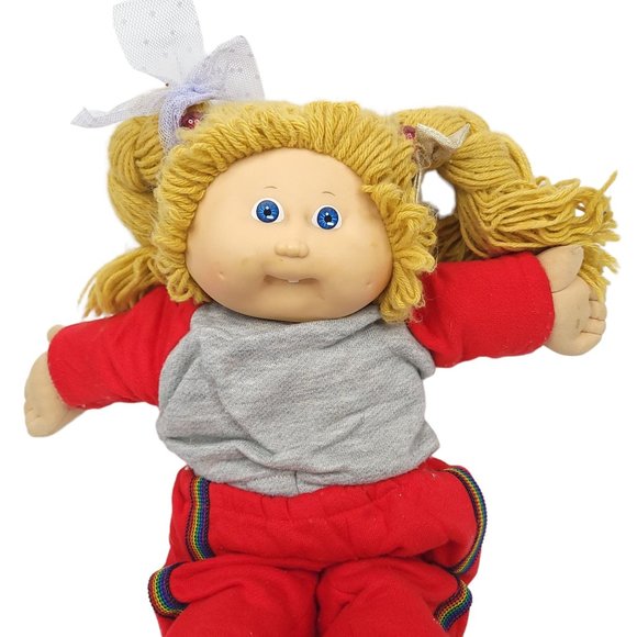 Vintage 1985 Cabbage Patch Kid Doll 15" Dimples Blonde Pigtails Tracksuit Coleco - Picture 6 of 12